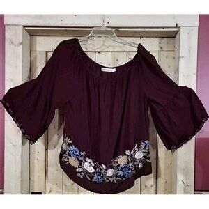 Solitaire Top Women’s 1x Scoop Neck Off S Embroidered Boho Lightweight Bell Slvs